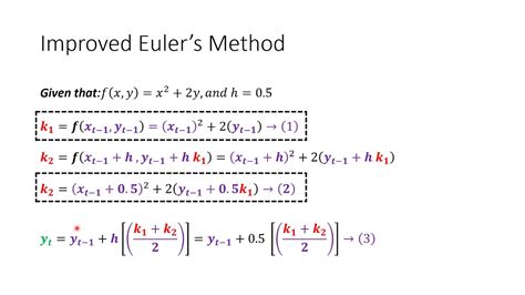 m This program will implement Eulers method to solve the dierential equation dy dt f(t,y) y(a) y 0 (1) The solution is returned in an array y. . Improved euler method calculator